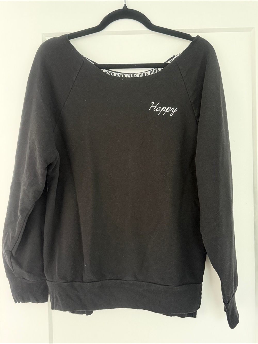 PINK Victoria's Secret Black 'Happy' Crewneck Pullover